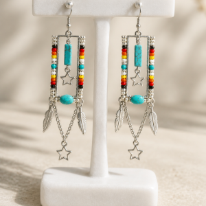 Stylish Silver Iron Small Rectangle Beaded Sequence Feather Star